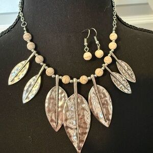 Silver Leaf Pendant Necklace and Earring Set in Beige Bead